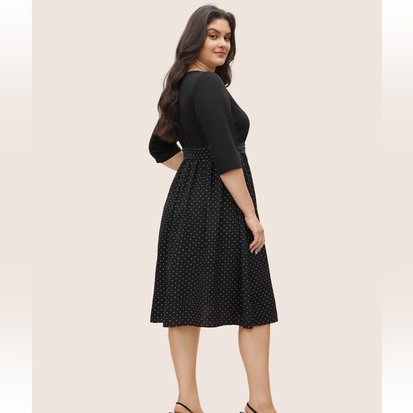 BloomChic Plus Size  Polka Dot Patchwork Belted Square Neck Dress - Picture 3 of 8
